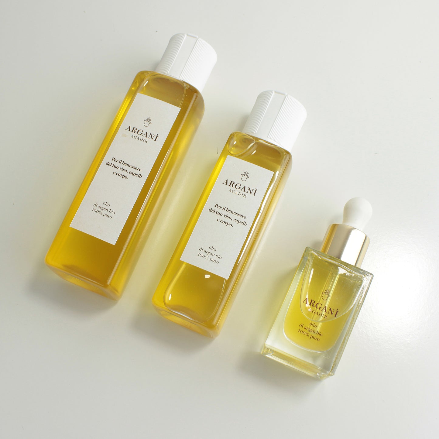 Linea completa Arganì: ricariche olio di argan puro 100% e flacone vetro con pipetta