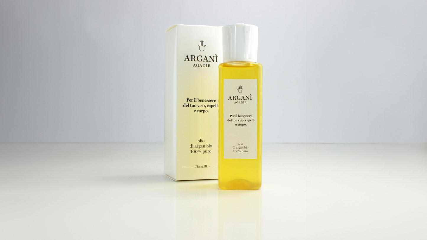 Ricarica olio di argan bio Arganì – flacone trasparente certificato da 100 o 150 ml